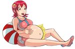  1girl bare_shoulders belly belly_hold breasts bulge cushion huge_belly huge_breasts looking_down midriff navel oppai pillow pregnant ready_to_pop red_hair rockman rockman_exe sakurai_meiru shorts sitting sports_bra tongue worried 