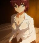  bed blue_eyes breasts cleavage collarbone dress_shirt henrietta_de_tristain highres large_breasts non-web_source open_clothes open_shirt ponytail purple_hair shirt skirt smile solo stitched third-party_edit zero_no_tsukaima 