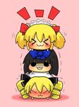  &gt;_&lt; 3girls :3 blonde_hair blush blush_stickers bow brown_hair chibi closed_eyes drill_hair hair_bow hair_ribbon hat luna_child maid_headdress multiple_girls o_o ribbon star_sapphire sunny_milk touhou trembling twin_drills twintails x3 yuumisaitou 