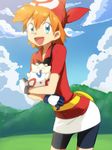  :d bad_id bad_pixiv_id bandana bike_shorts blue_eyes carrying cosplay gen_2_pokemon gloves haruka_(pokemon) haruka_(pokemon)_(cosplay) holding holding_pokemon kasumi_(pokemon) leaning_forward maruki_(punchiki) open_mouth orange_hair pokemon pokemon_(anime) pokemon_(classic_anime) pokemon_(creature) pokemon_ag smile togepi 