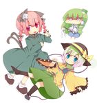  animal_ears blue_eyes bow braid cat_ears cat_tail chibi frog frog_hair_ornament gohei green_hair hair_bow hair_ornament hat hat_bow heart jitome kaenbyou_rin kochiya_sanae komeiji_koishi multiple_girls multiple_tails red_eyes red_hair rowtan shoes silver_hair simple_background single_shoe snake tail touhou twin_braids 