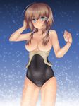  ahoge bare_shoulders blue_eyes blush breasts brown_hair cameltoe censored collarbone convenient_censoring hair_censor hair_over_breasts kayleigh_glanzelius large_breasts long_hair one-piece_swimsuit osafune_kairi otome_wa_boku_ni_koishiteru otome_wa_boku_ni_koishiteru_futari_no_elder sidelocks smile solo sparkle standing swimsuit swimsuit_pull twintails 