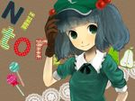  bad_id bad_pixiv_id blue_hair blush bow candy character_name eiri_(gb-delta) food green_eyes hair_bobbles hair_ornament hand_on_own_head hat kawashiro_nitori lollipop short_hair smile solo touhou two_side_up 