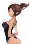  arms_behind_back asahina_aoi ass bare_shoulders blue_eyes breasts brown_hair danganronpa danganronpa_1 dark_skin large_breasts one-piece_swimsuit one-piece_thong ponytail pupps short_hair simple_background smile solo swimsuit 