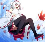  animal_ears black_legwear breasts detached_sleeves from_below geta hat inubashiri_momiji irohara_mitabi large_breasts leaf legs maple_leaf open_mouth pinching_sleeves red_eyes sleeves_past_wrists solo thighhighs thighs tokin_hat touhou white_hair wolf_ears zettai_ryouiki 