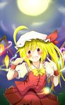  ascot blonde_hair blush bow dress fangs flandre_scarlet happy hat highres open_mouth pointing ponytail red_eyes rindou_(p41neko) short_hair side_ponytail smile solo touhou wings wrist_cuffs 