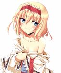  alice_margatroid bare_shoulders blonde_hair blue_eyes capelet chata_maru_(irori_sabou) hairband off_shoulder short_hair simple_background solo touhou undressing upper_body 
