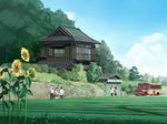  4boys bus car copyright_request field flower ground_vehicle highres house making_of motor_vehicle multiple_boys nature scenery school_uniform seo_tatsuya sunflower tea_garden tea_plant tree 