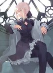  absurdres artoria_pendragon_(all) black_legwear blonde_hair bow braid corset crossed_legs dress fate/stay_night fate_(series) frills gothic_lolita hair_ribbon highres lolita_fashion okazaki_takeshi pantyhose ribbon saber_alter short_hair sitting slit_pupils solo yellow_eyes 