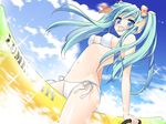  aqua_hair banana_boat bikini blue_eyes cloud day hair_ribbon long_hair on_banana original peko ribbon side-tie_bikini sky solo swimsuit twintails 