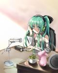  apple_inc. cellphone chair detached_sleeves digital_media_player green_eyes green_hair hatsune_miku headphones highres iphone long_hair nail_polish necktie office_chair phone shinohara_shinome sitting smartphone smile solo upper_body vocaloid 