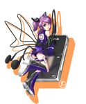  axl_(pixiv) back blue_eyes boots earphones looking_back mizugi mp3_player nokia one-piece_swimsuit purple_hair tail twin_tails wire 