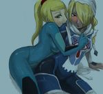  androgynous blonde_hair blue_eyes bodysuit goma_tonbi hair_over_one_eye legs metroid multiple_girls ponytail red_eyes samus_aran sheik skin_tight super_smash_bros. the_legend_of_zelda the_legend_of_zelda:_ocarina_of_time the_legend_of_zelda:_twilight_princess thighs yuri zero_suit 