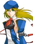  arc_system_works beret blazblue blonde_hair detached_sleeves female green_eyes hat long_hair necktie noel_vermillion red_ribbon ribbon ryuya_(pixiv737610) simple_background solo uniform white_background 