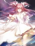  bad_id bad_pixiv_id choker dress gloves kaname_madoka light_smile long_hair mahou_shoujo_madoka_magica noir_(ibaraki) outstretched_arm outstretched_hand pink_hair solo space spoilers thighhighs two_side_up ultimate_madoka white_dress white_gloves yellow_eyes 