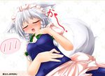  animal_ear_fluff animal_ears blue_dress blush closed_eyes cosplay dress highres inubashiri_momiji izayoi_sakuya izayoi_sakuya_(cosplay) kazami_karasu silver_hair solo tail touhou wolf_ears wolf_tail 