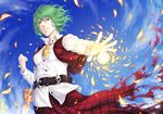  ascot bad_id bad_pixiv_id belt closed_umbrella danmaku fingernails foreshortening green_hair kazami_yuuka long_skirt nail_polish plaid plaid_skirt plaid_vest red_eyes sharp_fingernails short_hair skirt skirt_set sky solo tatsuya_(atelier_road) torn_clothes touhou umbrella untucked vest 