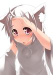  :o animal_ears backlighting blush detached_sleeves face forehead inubashiri_momiji leaning_forward looking_at_viewer no_hat no_headwear red_eyes short_hair simple_background solo tera_zip touhou upper_body white_hair wolf_ears 