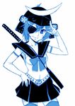  blue_eyes blue_hair eyepatch katana monochrome onegai!_ranking onegai_blue samurai samurai_helmet school_uniform serafuku short_hair skirt smile sword thighhighs 