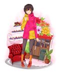  bad_id bad_pixiv_id brown_eyes brown_hair cake capri_pants chair coat flower food highres original pants plant potted_plant saijou_hirokazu shoes short_hair sneakers solo 