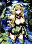  arrow blonde_hair bow_(weapon) braid breasts cleavage copyright_request elbow_gloves elf gloves green_hairband hairband large_breasts matsuryuu navel original pointy_ears solo twin_braids water weapon 