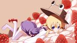  blonde_hair blue_eyes blush food fruit hat in_food lying mary_janes minigirl moriya_suwako on_stomach rondo_umigame shoes short_hair solo strawberry thighhighs top-down_bottom-up touhou wavy_mouth white_legwear 