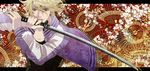  blonde_hair chishima_toru ivan_karelin jacket katana letterman_jacket male_focus purple_eyes purple_jacket solo sword tiger_&amp;_bunny weapon 