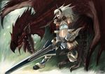  dragon ippo kirin_(armor) midriff monster_hunter rathalos solo sword weapon white_hair 