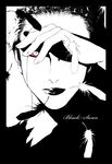  bad_id bad_pixiv_id banned_artist black_swan border feathers greyscale hand_over_eye lips monochrome nina_sayers red_sclera s_tanly solo spot_color tears upper_body 