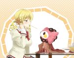  1other blonde_hair blush brown_dress cake charlotte_(madoka_magica) chibi cup dress drill_hair food fork hand_in_hair imminent_kiss mahou_shoujo_madoka_magica okitakung pink_hair pocky pocky_kiss school_uniform shared_food table teapot tomoe_mami twin_drills twintails yellow_eyes yuri 