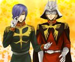  2boys belt blonde_hair blue_eyes cape char_aznable garma_zabi gloves gundam helmet male male_focus mask military military_uniform mobile_suit_gundam multiple_boys purple_hair uniform 