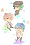  angel_beats! asaki_hiyori blue_hair brown_eyes brown_hair chibi green_hair hat hinata_(angel_beats!) male_focus multiple_boys naoi_ayato otonashi_(angel_beats!) school_uniform shinda_sekai_sensen_uniform yellow_eyes 