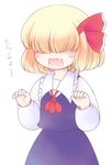  blonde_hair blush_stickers fang hair_over_eyes hair_ribbon open_mouth paw_pose ribbon rumia short_hair simple_background solo sotto touhou translated 