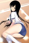  bad_id bad_pixiv_id black_hair blue_eyes blush breasts buruma gym_uniform iwato_kasumi long_hair medium_breasts saki smile solo uiui_(umegayu) 