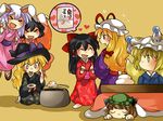  &gt;_&lt; :d bad_id bad_pixiv_id chen chibi closed_eyes fox_tail grill hakurei_reimu hammer_(sunset_beach) highres inaba_tewi japanese_clothes kimono kirisame_marisa kotatsu multiple_girls multiple_tails new_year open_mouth reisen_udongein_inaba shichirin smile table tail touhou xd yakumo_ran yakumo_yukari 