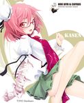 bandages bare_legs barefoot bespectacled blush bun_cover chain character_name chinese_clothes cuffs double_bun flower glasses ibaraki_kasen legs ogami_kazuki open_mouth pink_eyes pink_flower pink_hair pink_rose red-framed_eyewear rose short_hair skirt solo tabard touhou 
