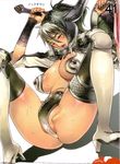  absurdres armor ass_visible_through_thighs bangs bikini_armor black_hair black_legwear blood blood_splatter blush body_blush boots breasts breasts_apart center_opening crop_top crotch dark_elf dutch_angle echidna elf eyebrows_visible_through_hair f.s. fingernails fur_trim gem gradient grey_hair groin hair_between_eyes hands_up high_heel_boots high_heels high_ponytail highres holding holding_shield holding_sword holding_weapon keltan knee_boots knee_pads large_breasts lipstick living_clothes long_fingernails looking_at_viewer lying makeup multicolored_hair number official_art on_back one_eye_closed open_mouth parted_bangs partially_visible_vulva pauldrons perky_breasts pointy_ears ponytail queen's_blade raised_eyebrows red_eyes revealing_clothes ruby_(stone) scales scan shadow shield short_sleeves sidelocks simple_background snake solo spread_legs sweat sword thighhighs thighlet thighs tongue translated turtleneck two-tone_hair upper_teeth weapon white_background white_footwear wince wrist_wrap 