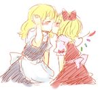  adjusting_hair blonde_hair bow closed_eyes couple dress flandre_scarlet hair_bow kirisame_marisa kiss long_hair multiple_girls no_hat no_headwear short_hair tamaki_hakobe touhou wings yuri 