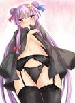  black_legwear black_panties blush crescent crescent_hair_ornament double_bun from_below garter_belt hair_ornament jacket_on_shoulders lace lace-trimmed_thighhighs lingerie md5_mismatch navel panties patchouli_knowledge purple_eyes purple_hair ram_hachimin solo thighhighs topless touhou underwear 