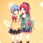  blue_eyes blue_hair long_hair mahou_shoujo_madoka_magica miki_sayaka momonkii mouth_hold multiple_girls ponytail red_eyes red_hair sakura_kyouko school_uniform short_hair 