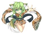  animal_ears fox_ears green_eyes green_hair japanese_clothes jumping kimono original saitou_kon sandals shingetsu_takehito short_kimono solo tail 