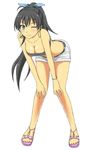 bandeau belt bent_over black_hair bow bracelet breasts ca-nal cleavage earrings ganaha_hibiki hair_bow idolmaster idolmaster_(classic) jewelry large_breasts midriff one_eye_closed ponytail sandals short_shorts shorts simple_background solo strapless tubetop white_background 