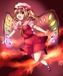  :d ascot blonde_hair blush crystal demon_wings flandre_scarlet flying foreshortening frilled_shirt_collar frills full_body mary_janes open_mouth outstretched_arms puffy_short_sleeves puffy_sleeves red_eyes shoes short_sleeves smile solo subaru_(yachika) touhou wings 
