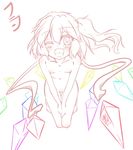  fangs flandre_scarlet flat_chest kneeling multiple_monochrome nude one_eye_closed ryu-tan short_hair side_ponytail sketch solo spot_color thigh_gap touhou wings 