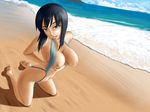  1girl areolae beach belly black_hair blue_eyes breast_grab breast_hold breasts calm curvaceous dutch_angle kneeling large_breasts looking_up mizugi navel ocean oppai short_hair sitting smile tagme water wide_hips 