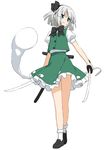  bad_id bad_pixiv_id black_hairband blue_eyes bow bowtie dual_wielding ghost hairband hitodama holding katana konpaku_youmu konpaku_youmu_(ghost) peko scabbard sheath sheathed short_hair silver_hair simple_background skirt solo sword touhou vest weapon 