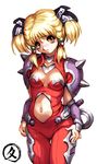  armor blonde_hair blush breasts collarbone cosplay hair_bobbles hair_ornament hisahiko irui_guneden medium_breasts midriff navel orange_eyes quad_tails selena_recital selena_recital_(cosplay) simple_background solo spikes super_robot_wars thigh_gap 