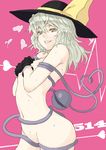  black_gloves covering covering_breasts covering_crotch eyeball face flat_chest gloves green_eyes green_hair grin heart heart_of_string komeiji_koishi navel nude sabiirodoramu short_hair silver_hair smile solo sweat symbol-shaped_pupils third_eye touhou 