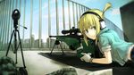  ) black_thighhighs blonde bolt_action building cloud gloves green_eyes gun hair_ribbon headphones iris_(material_sniper) jacket material_sniper ponytail ribbon rifle scope shorts sleeves_rolled_up sniper_rifle target thighhighs trigger_discipline weapon 