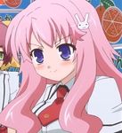  baka_to_test_to_shoukanjuu blue_eyes blush busty hair_ornament himeji_mizuki long_hair pink_hair school_uniform smile solo 